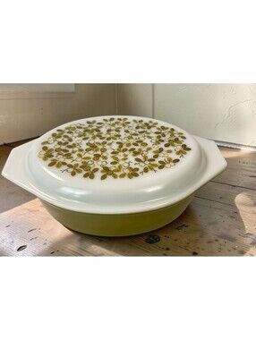 Vintage Pyrex Verde Olives Round Casserole Dish with Lid Mid-Century Modern